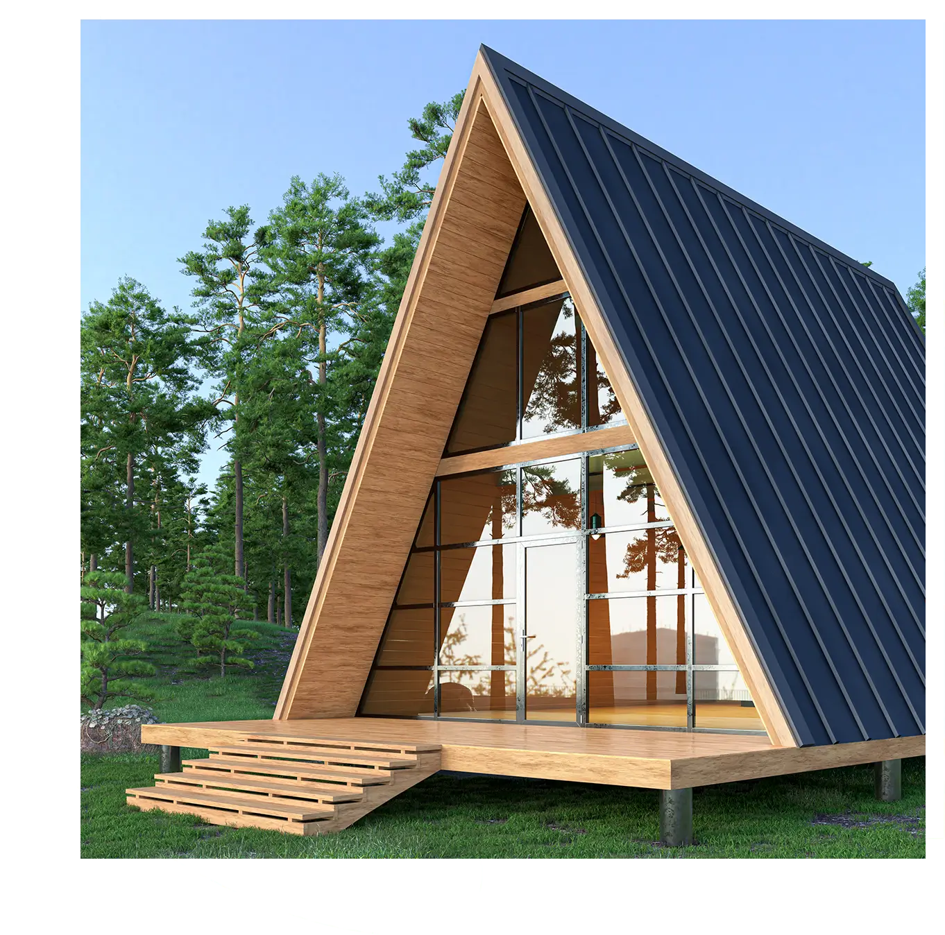 Modern A-frame cabin in woods.